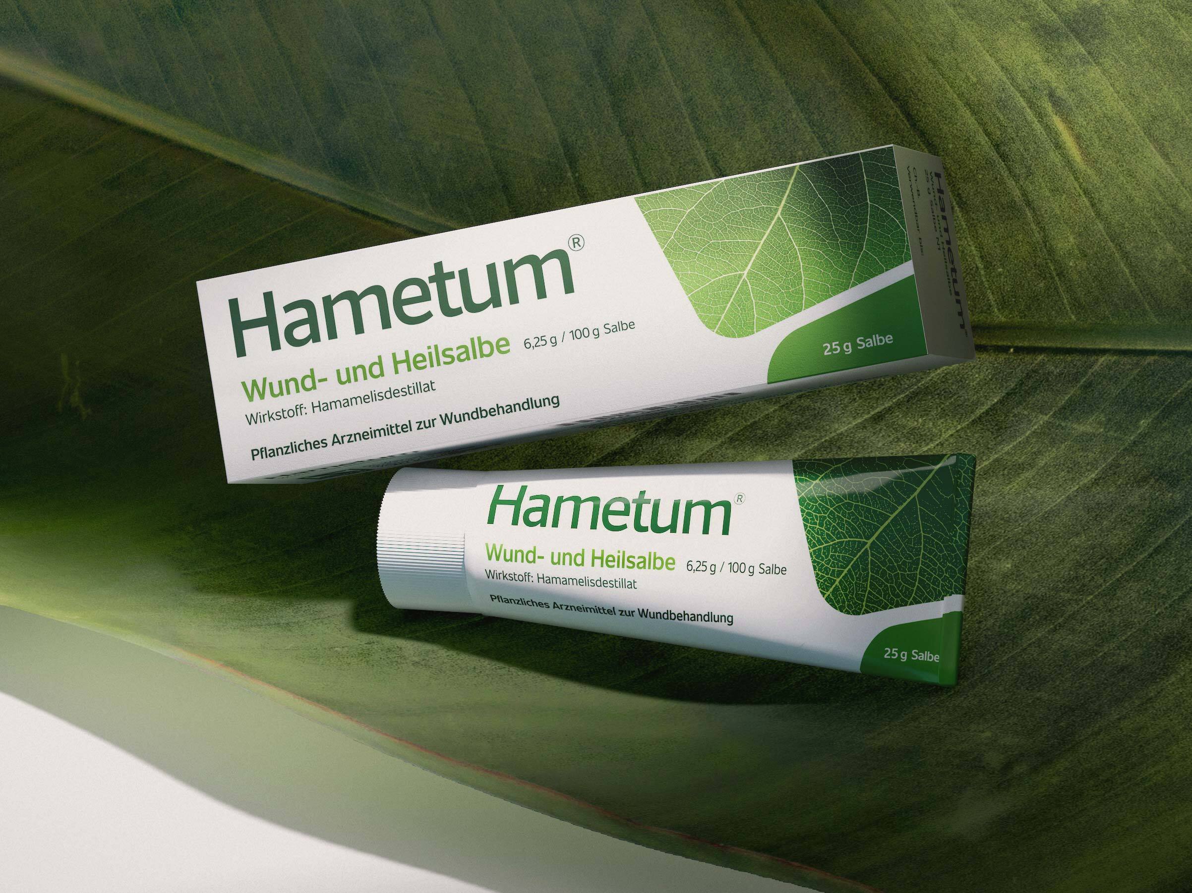 Das neue Hametum Design. Tube und Faltschachtel auf einem Blatt.